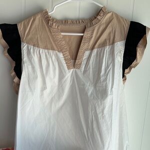 Elegant Women's Tan and Black Ruffle Sleeve Top